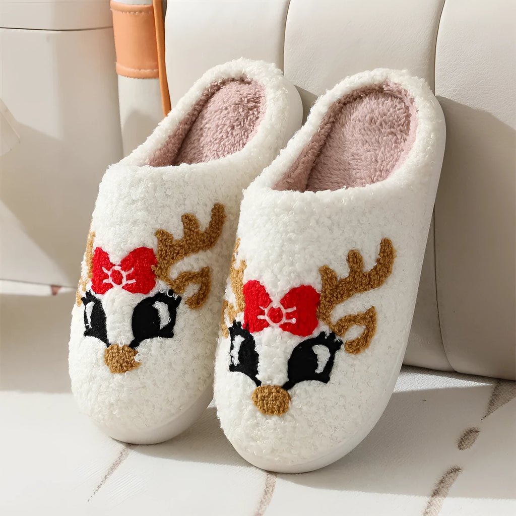 Christmas deer slippers women's home indoor non-slip warm plush TPR sole fox style