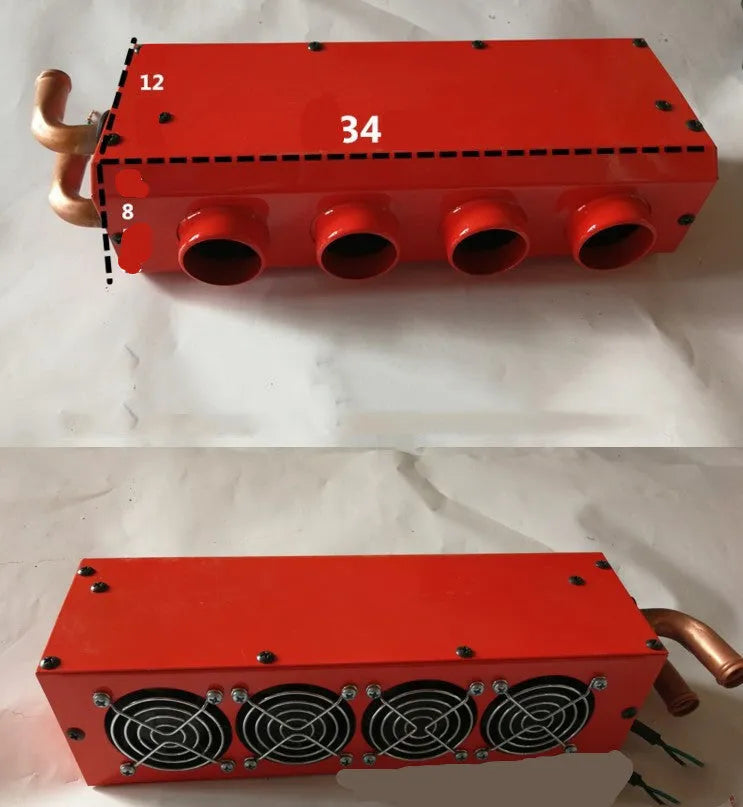 Metal car heater unit with copper pipes for 12V 24V vehicle cabin heating and defrosting.