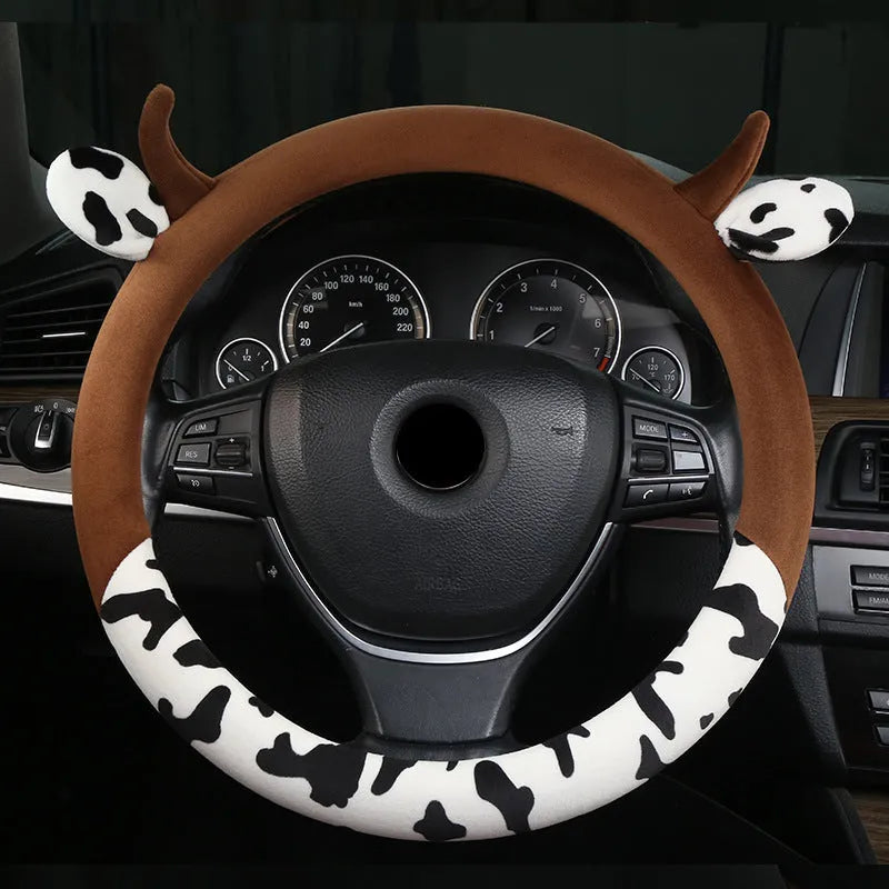 Short plush steering wheel cover in black or coffee colour with protective handle