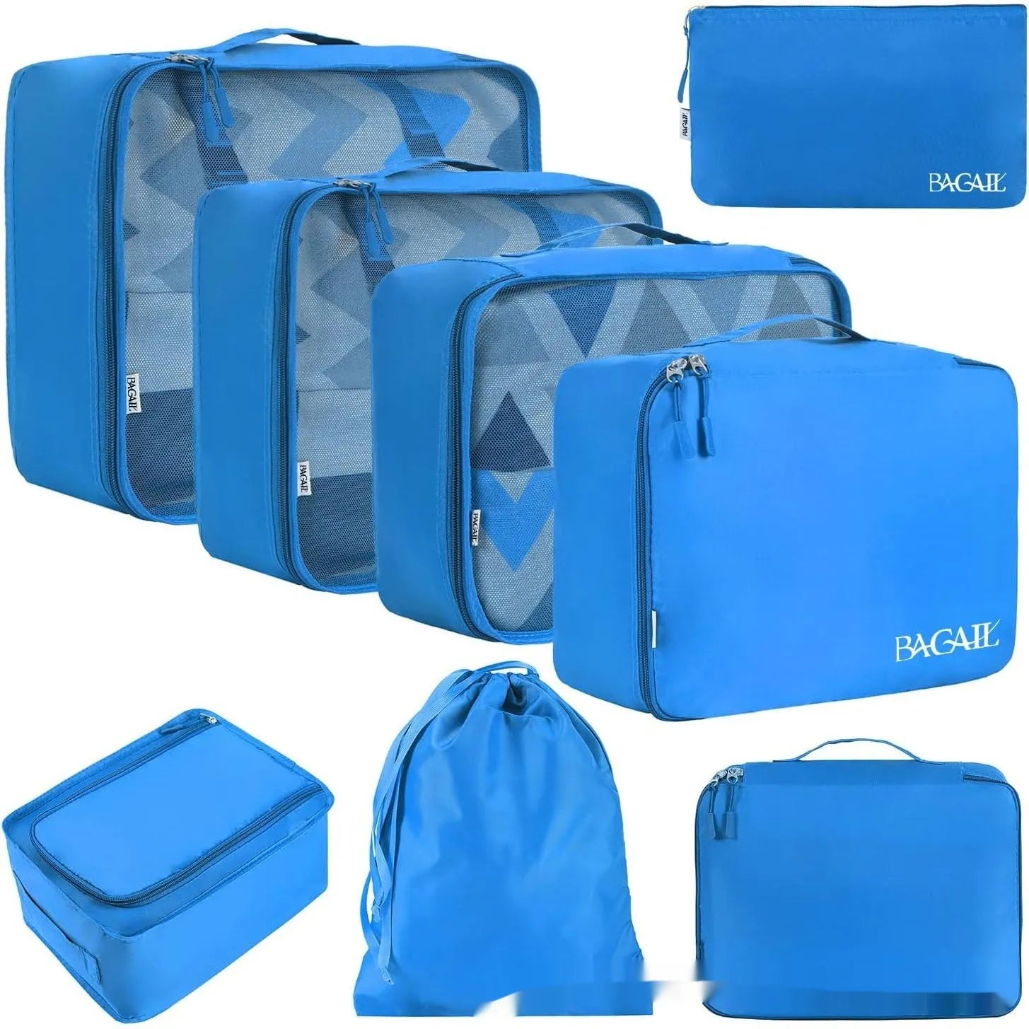 Eight cubic travel packing bags in various solid colours including beige, black, blue, and leopard print patterns