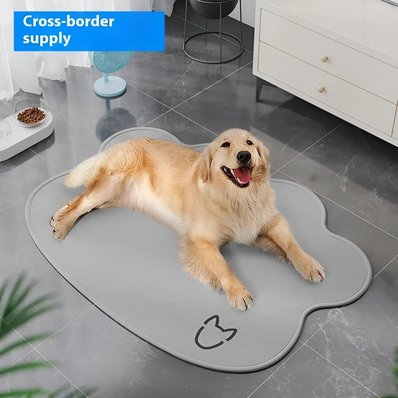 Ice silk pet cooling mat for dogs in a simple dog head shape, shown in a light grey colour on a wooden floor.