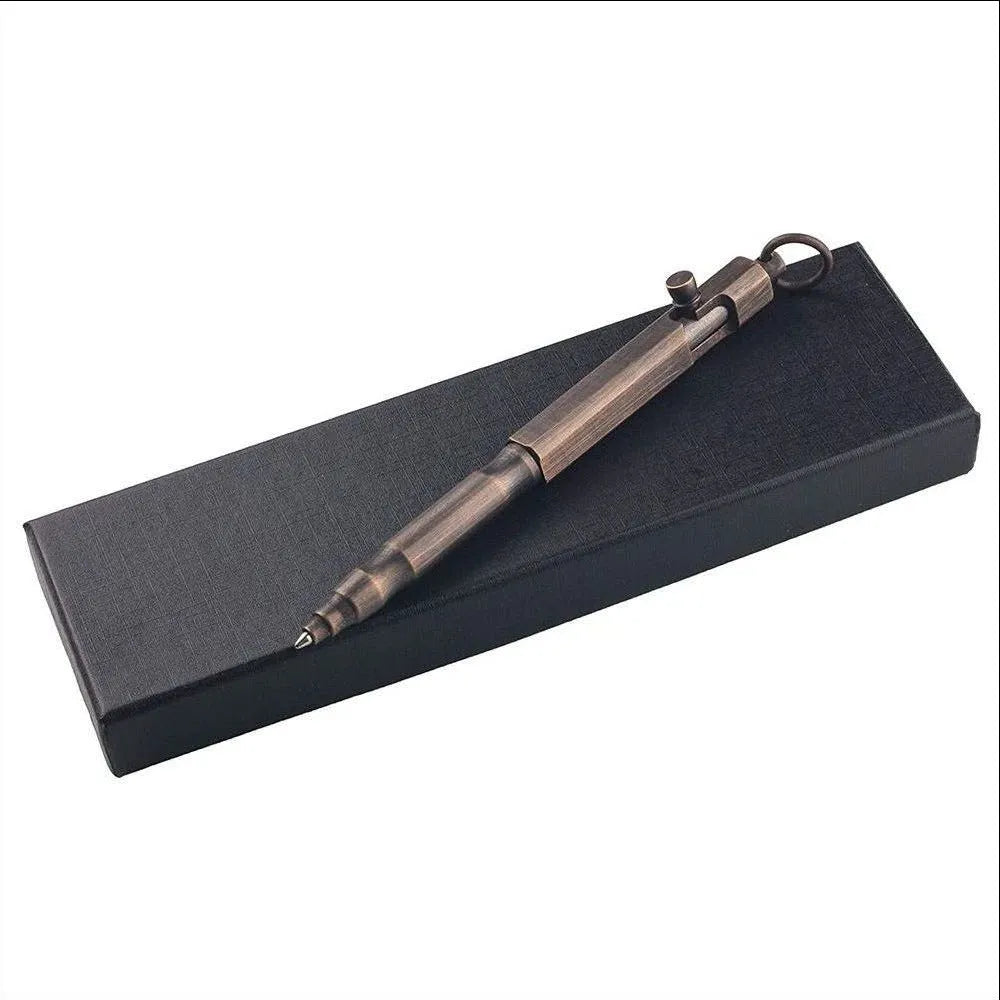 Brass tactical pen with hexagonal machine gun bolt design measuring 13cm length