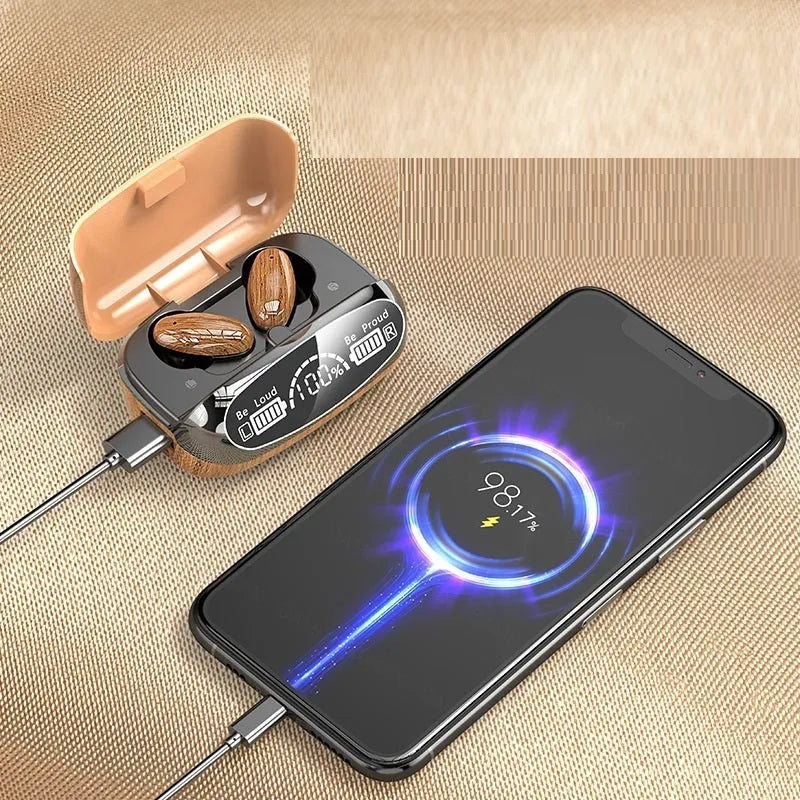 Wood grain M35 TWS Bluetooth headphones with charging case showing power display