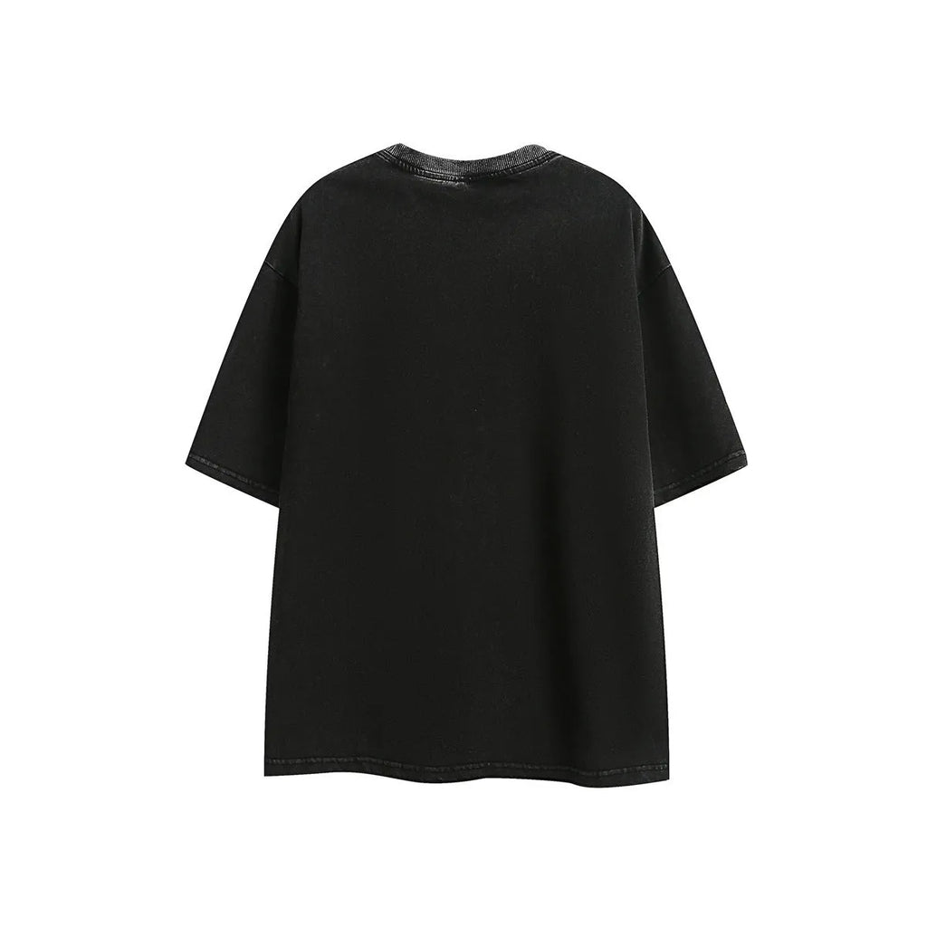 Men's loose fit black embroidered retro short-sleeved cotton t-shirt on a hanger
