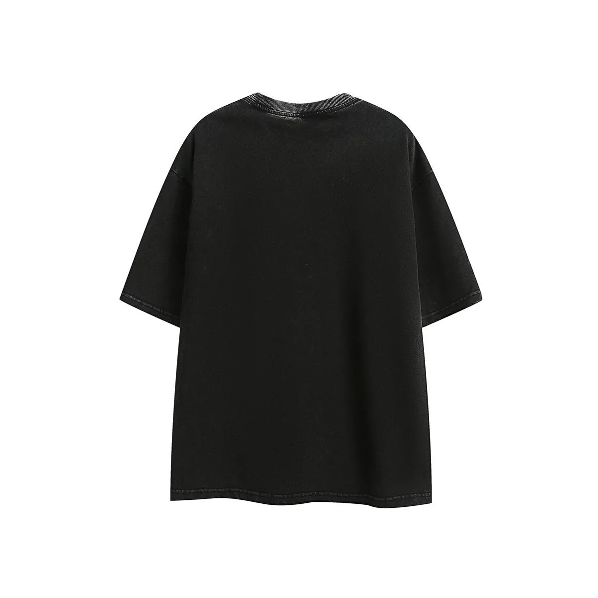 Men's loose fit black embroidered retro short-sleeved cotton t-shirt on a hanger