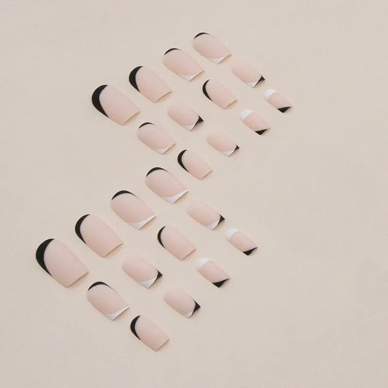 Black and white frosted press-on nail decorations with French style design