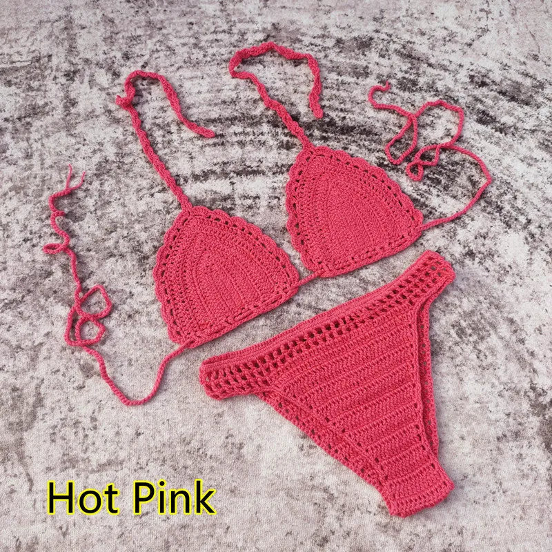 Women's 3-piece handmade crochet bikini set with nylon lining in solid colour options for beach and swimming.