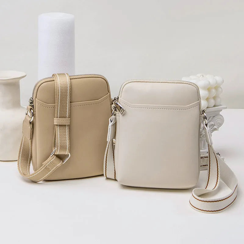 Solid colour PU crossbody shoulder bag for women in beige, showing compact size.