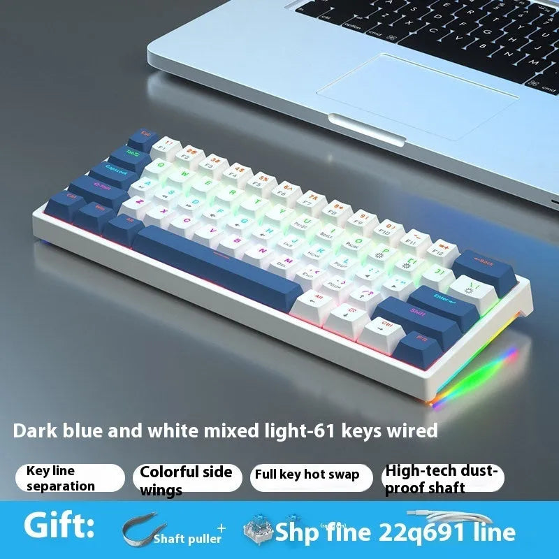 61-key compact mechanical keyboard with blue-white tea switches and wired connection