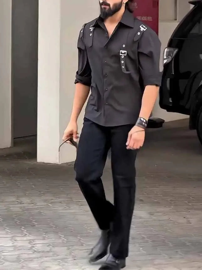 Men's black utility-style button-up shirt with regular fit and polyester construction