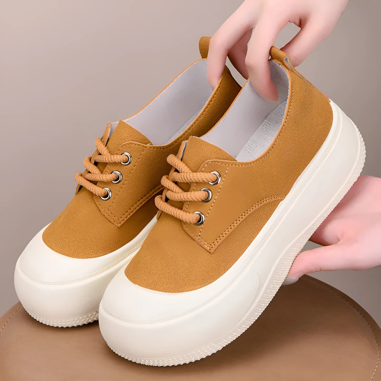 Women's camel suede platform loafers with lace-up front and a flat 4CM heel.