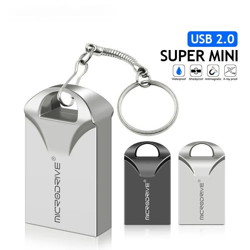 Mini metal USB flash drive in black or silver showing compact 23mm length with standard USB connector