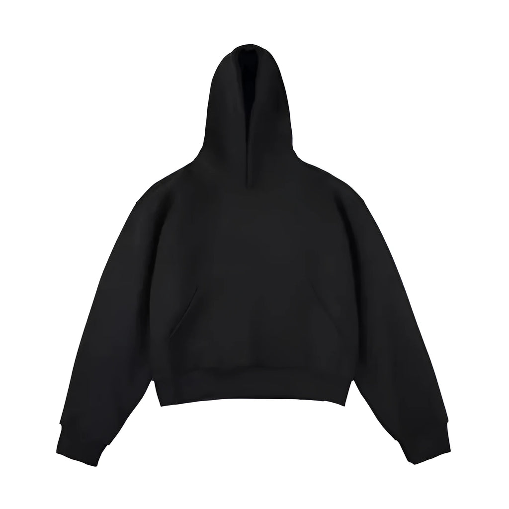 Short black Chinese cotton composite velvet hooded sweater with a removable hood on a hanger.