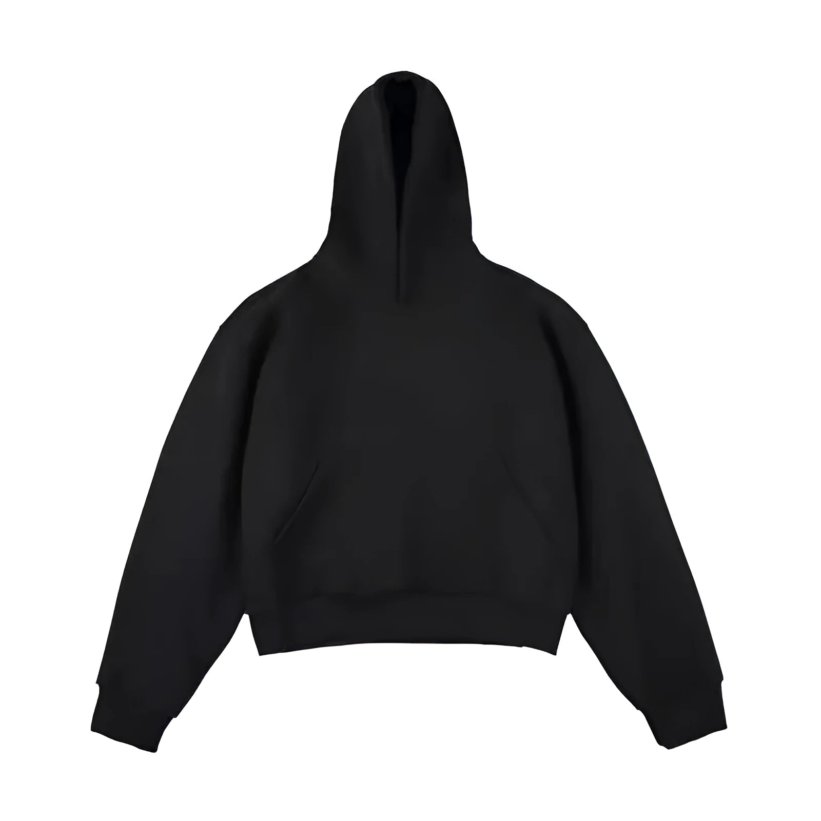 Short black Chinese cotton composite velvet hooded sweater with a removable hood on a hanger.