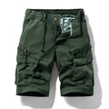 Men's cotton shorts in army green with multiple pockets and zip closure, showing fifth pants length and elastic waistband