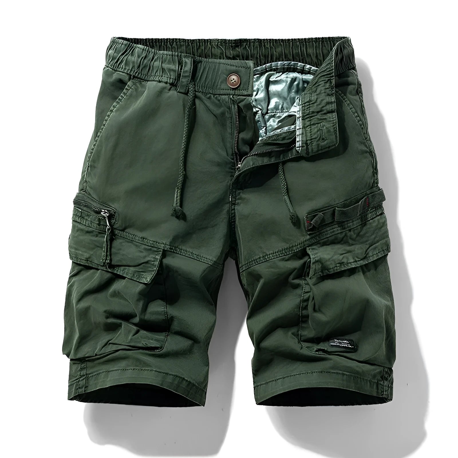 Men's cotton shorts in army green with multiple pockets and zip closure, showing fifth pants length and elastic waistband