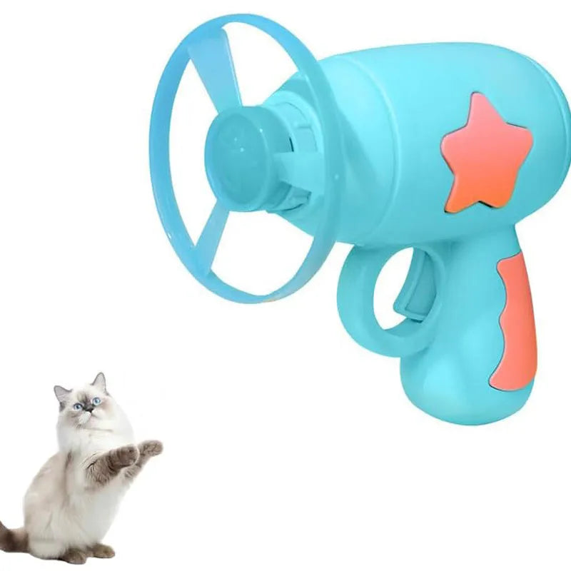 Blue or pink plastic cat toy gun with two Frisbee discs for indoor play.