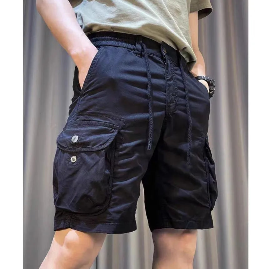 Korean style loose straight overalls pants with multiple pockets in black colour