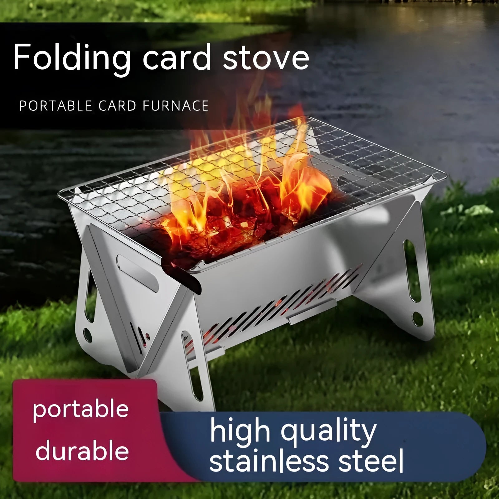 Folding stainless steel outdoor barbecue oven with grill rack and storage bag.