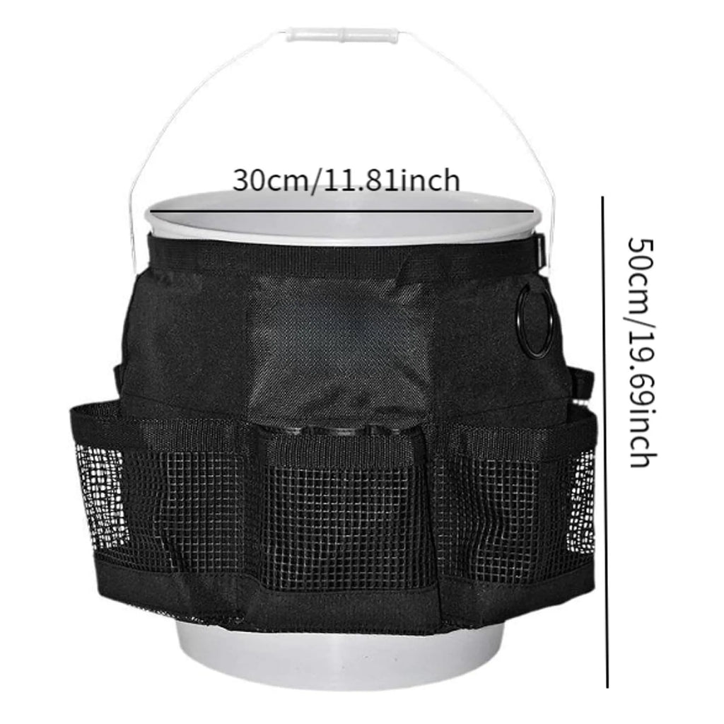 Black cylindrical polyester hanging storage bag designed to fit a 5 gallon barrel.