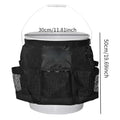 Black cylindrical polyester hanging storage bag designed to fit a 5 gallon barrel.