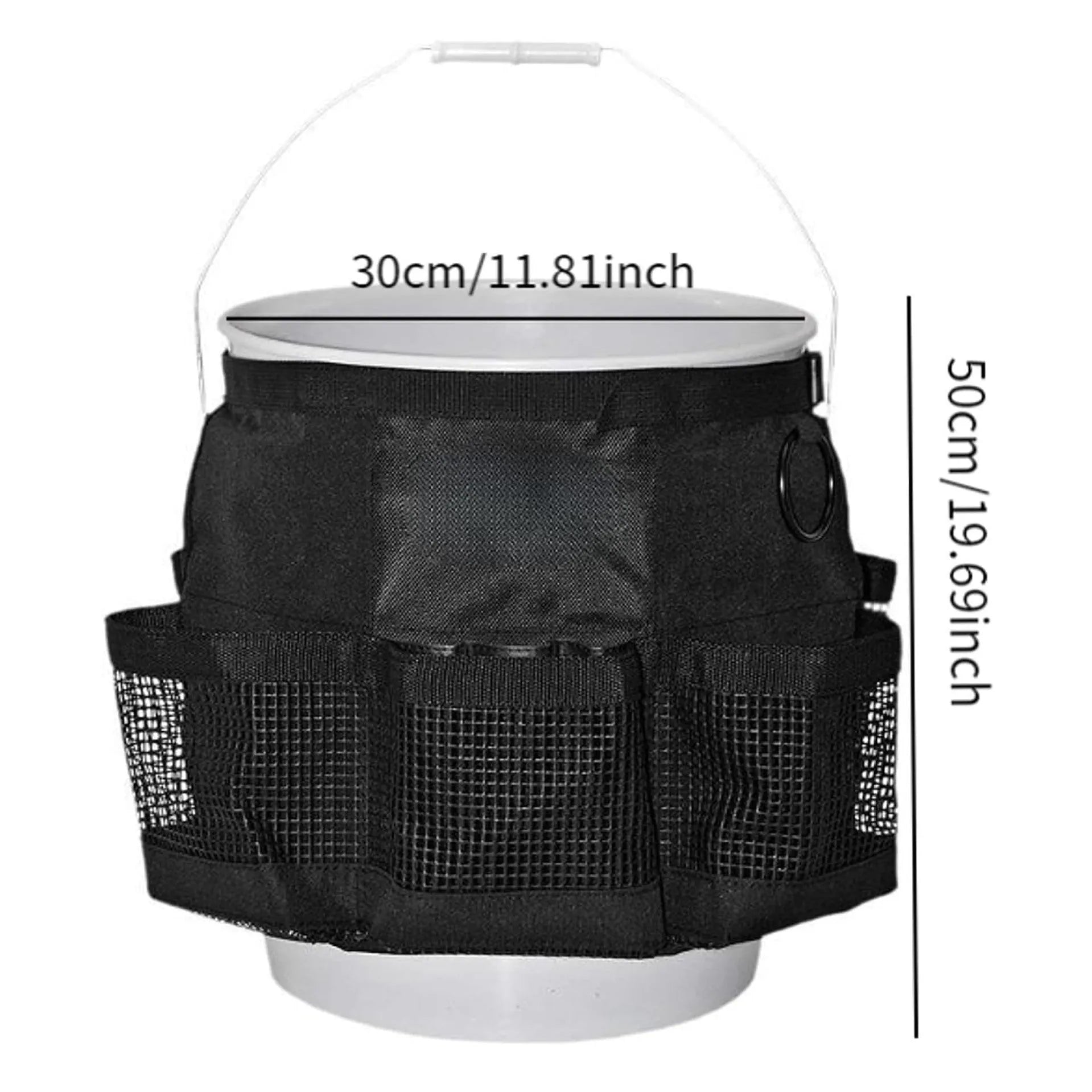 Black cylindrical polyester hanging storage bag designed to fit a 5 gallon barrel.