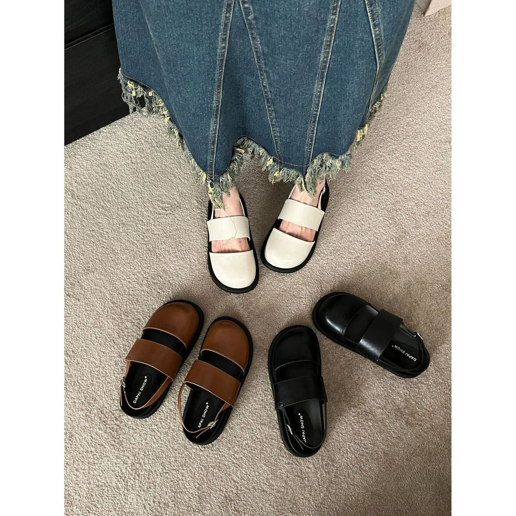 Women's retro Korean style sandals with closed toe, ankle strap buckle, in apricot colour.