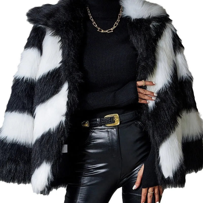 Lapel contrast colour faux fur coat with a textured fur collar, shown in a normal 50cm length.