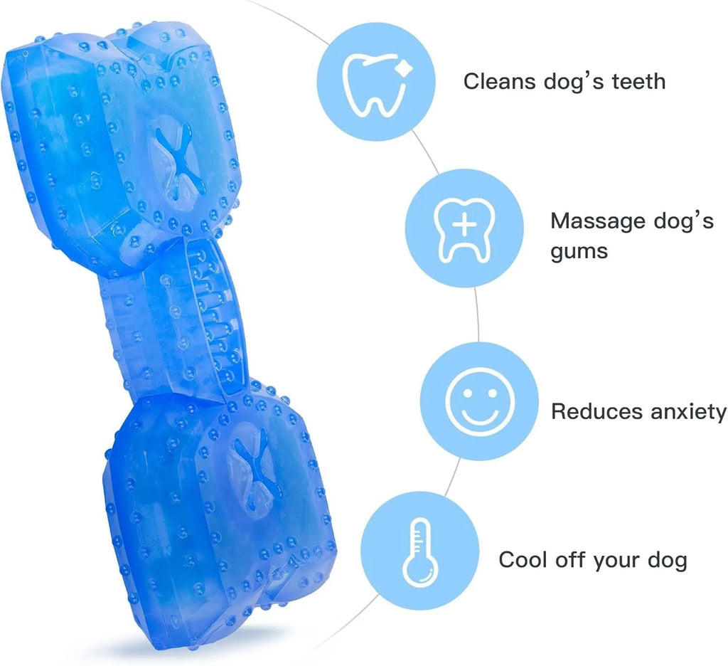 Freezable dog cooling chew toy in bone and circle shapes for teething puppies and anxiety relief.