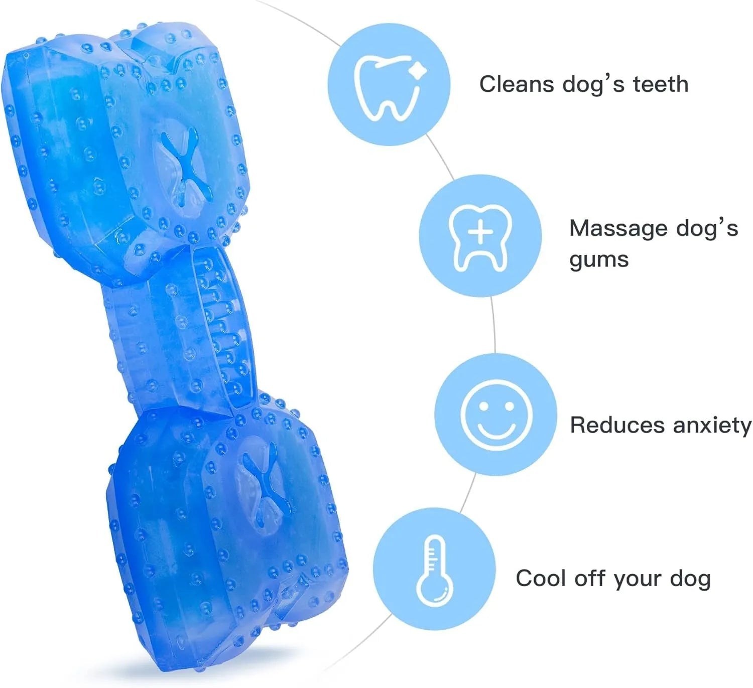 Freezable dog cooling chew toy in bone and circle shapes for teething puppies and anxiety relief.