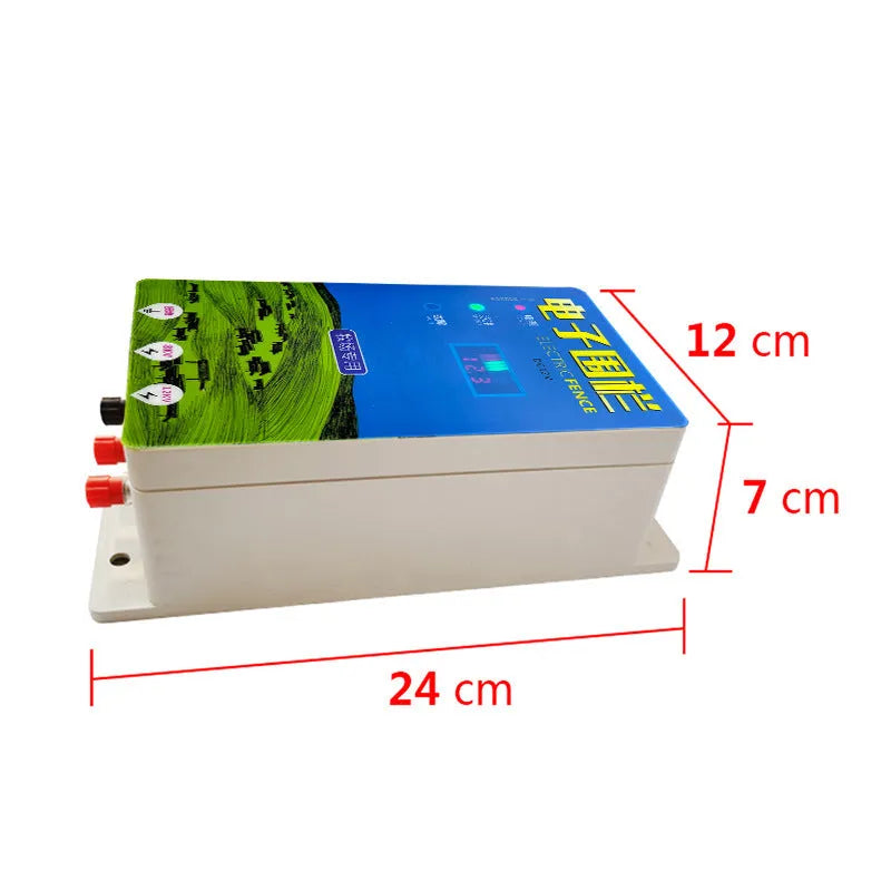 Pasture electric fence energiser controller unit with solar panel, charger, and testing ear clips