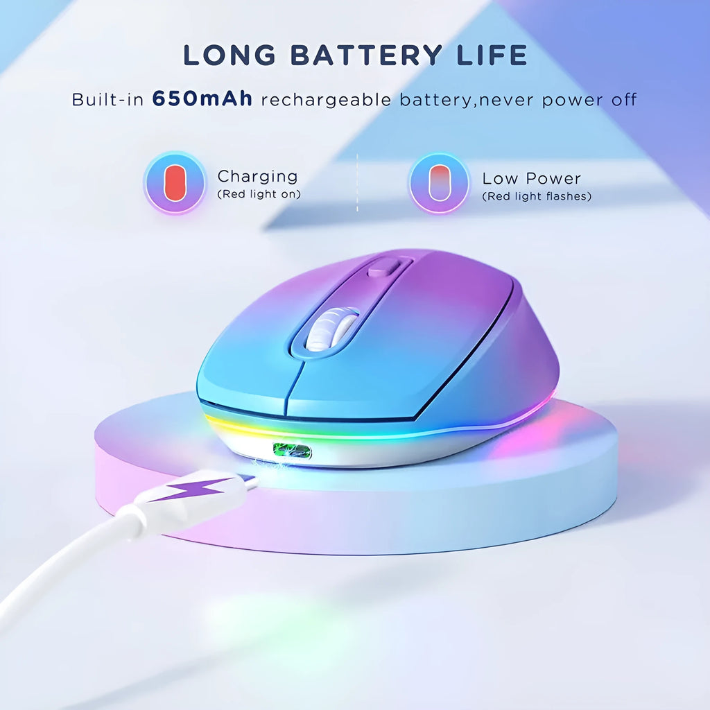 24g lightweight wireless ergonomic mouse for laptops in one of seven colour options, shown with its USB charging cable.