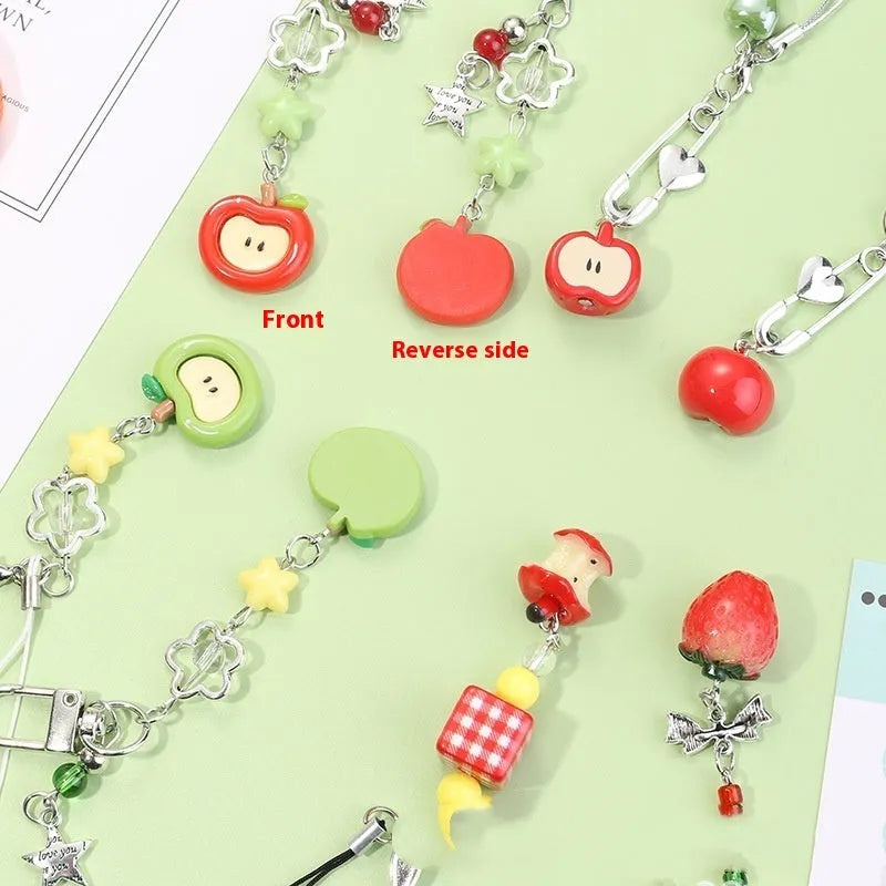Plastic resin fruit mobile phone charm keychain with apple strawberry designs