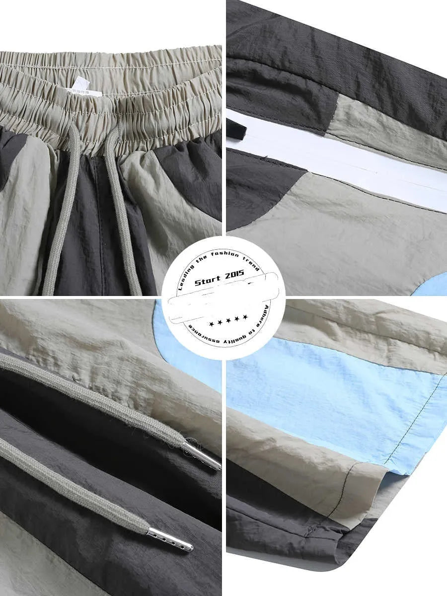 Blue patchwork quick-drying beach shorts with loose straight-leg fit and micro-elastic waistband