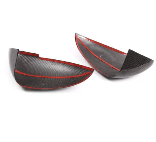 Pair of black true carbon fibre rearview mirror covers for Porsche Macan SUV.
