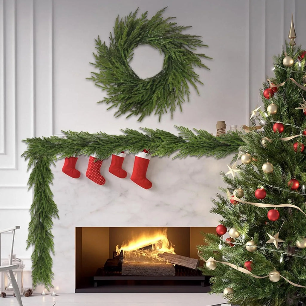 Green plastic PE feel garland with leaves, 60cm long, for front door decoration in American country style.