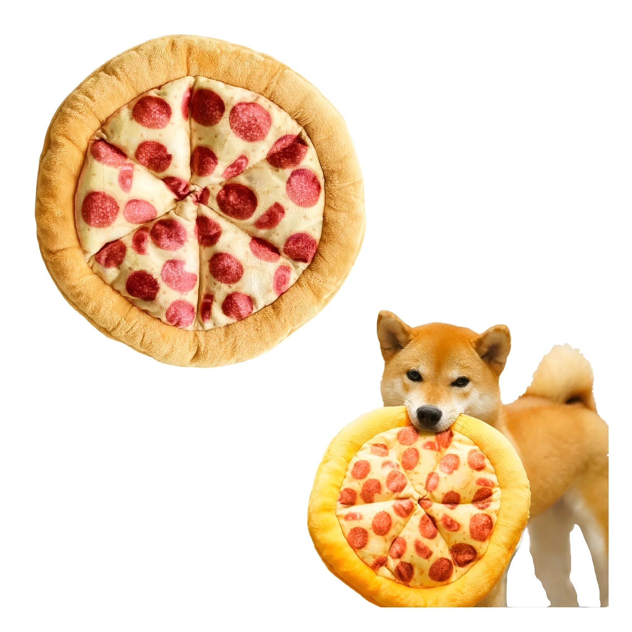 Yellow pizza slice teddy dog chewing toy with squeaker for medium-sized dogs