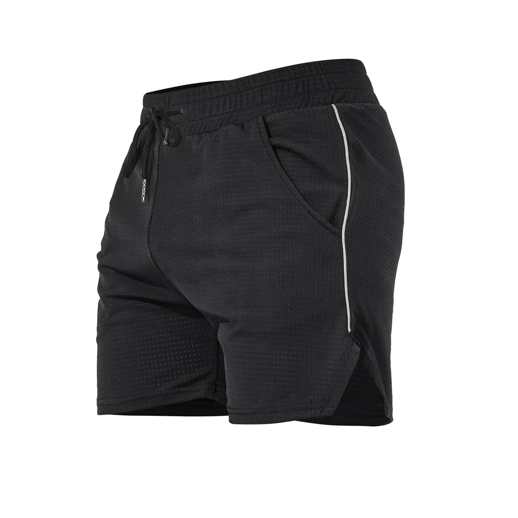 Men's black polyester fitness shorts with straight leg design on man doing exercise