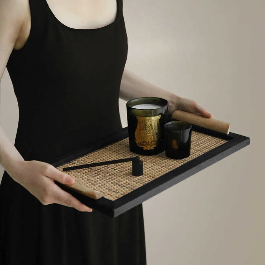 Pine wood dining tray with compartments shown in large and small size options.