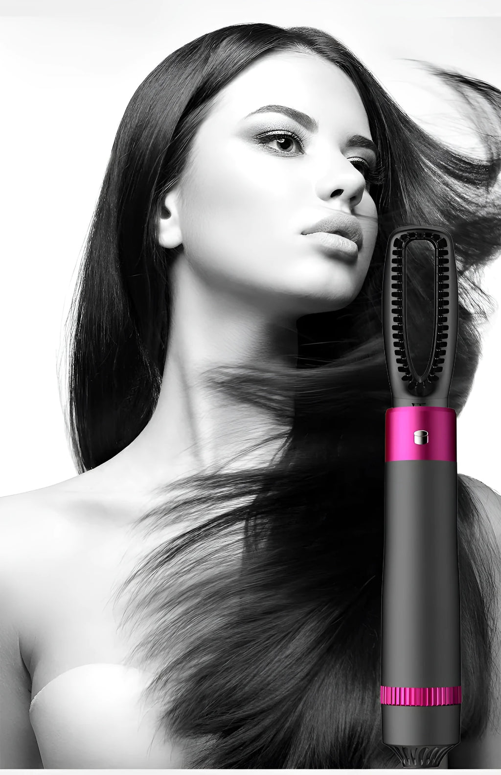 Dyson grey 5-in-1 hair dryer styling brush with interchangeable brush heads on white background