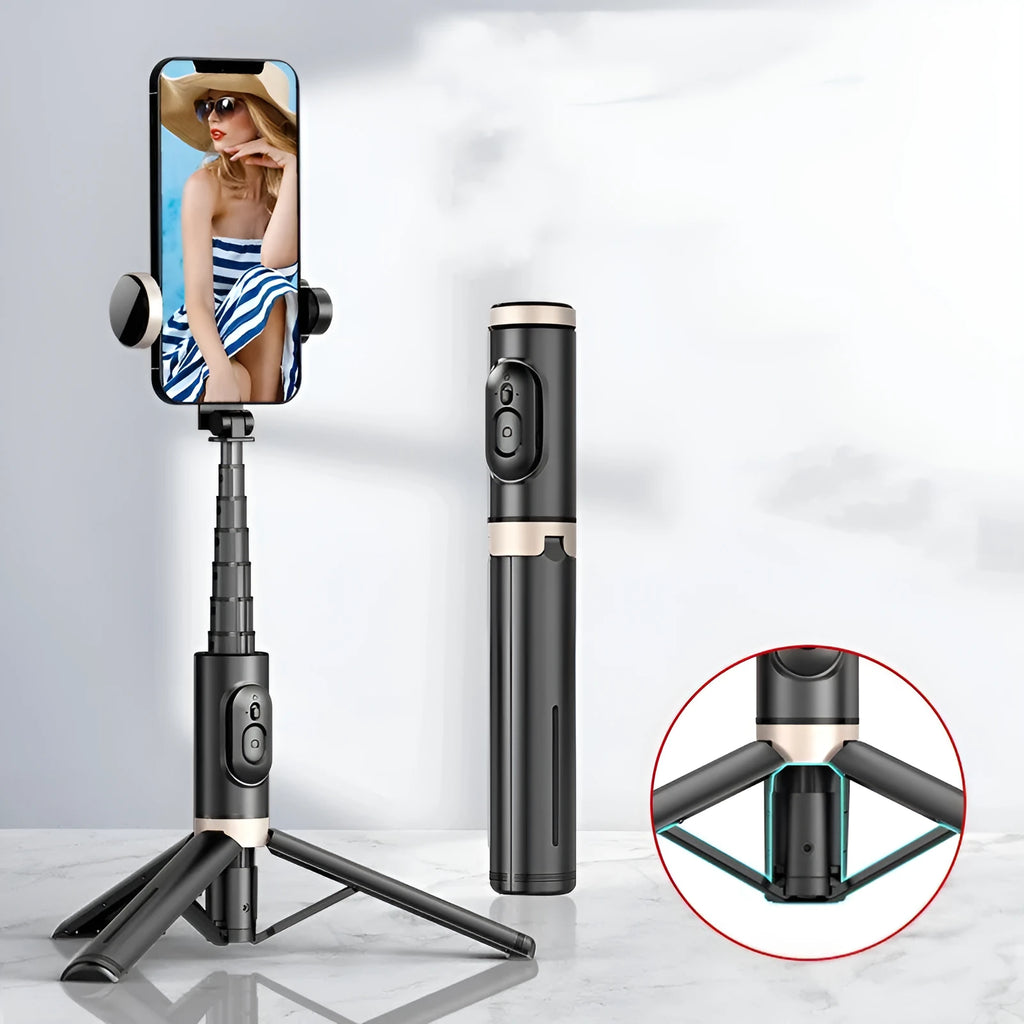 Aluminium alloy Bluetooth selfie stick with fill light extended to 765mm showing remote control and LED light head