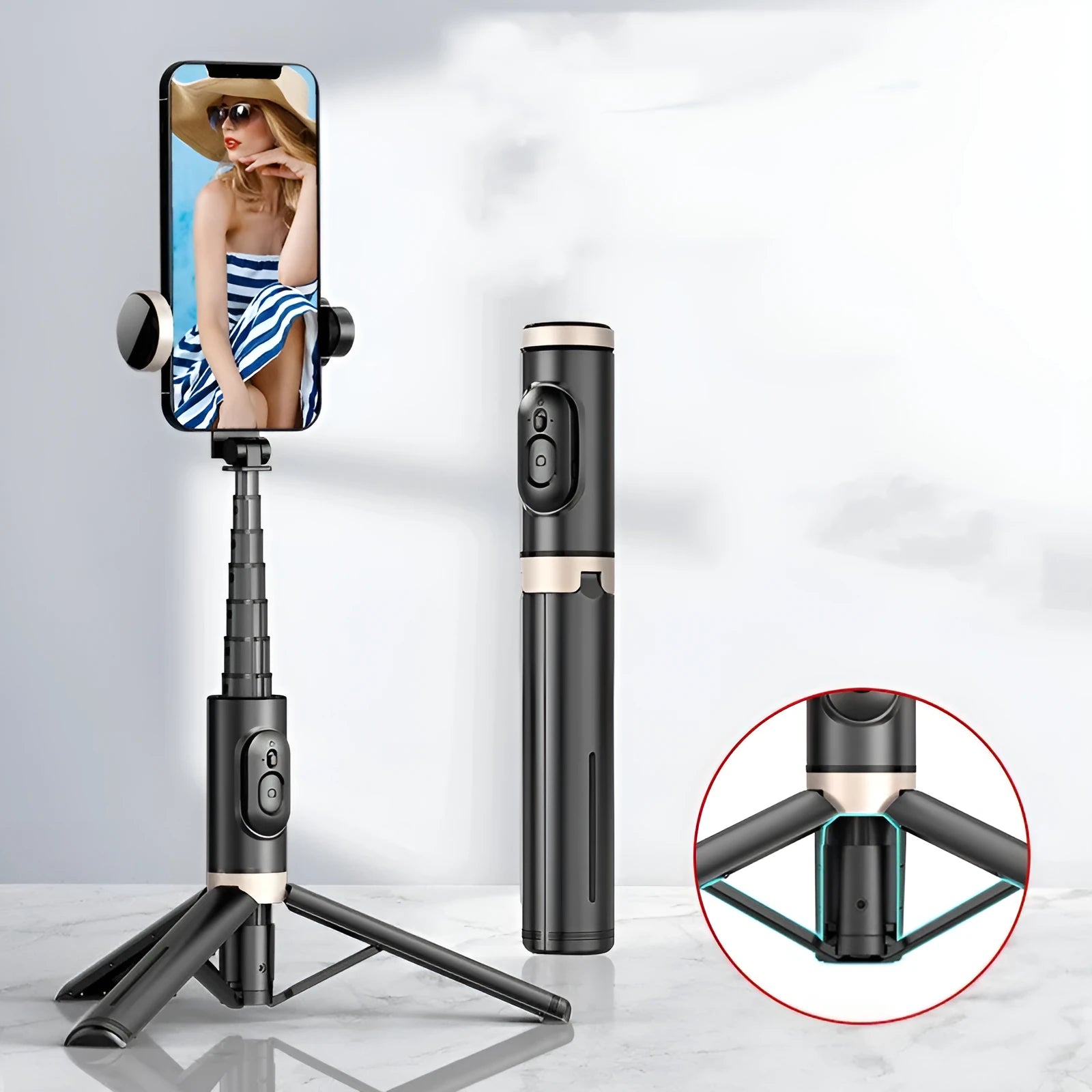 Aluminium alloy Bluetooth selfie stick with fill light extended to 765mm showing remote control and LED light head