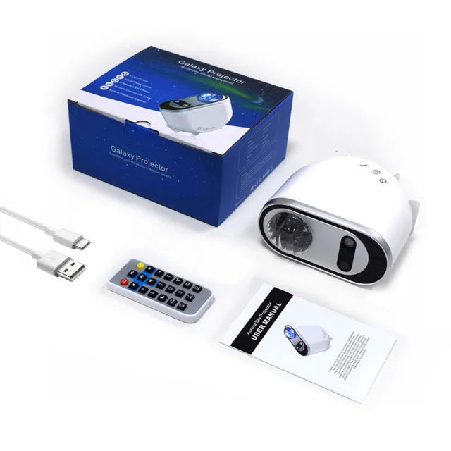 White ABS star projector lamp showing aurora borealis and star projection on a dark ceiling with remote control