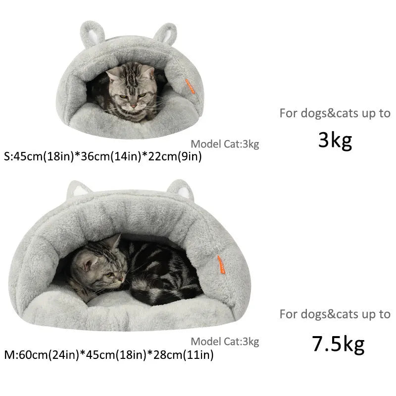 Soft plush pet cave bed in beige with cushion for small dogs and kittens