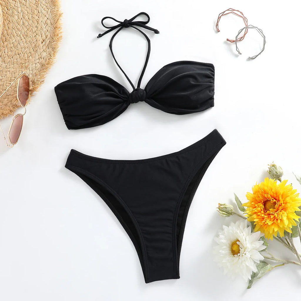 Black women's bikini set with lace-up tube top and briefs bottom swimwear