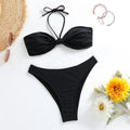 Black women's bikini set with lace-up tube top and briefs bottom swimwear