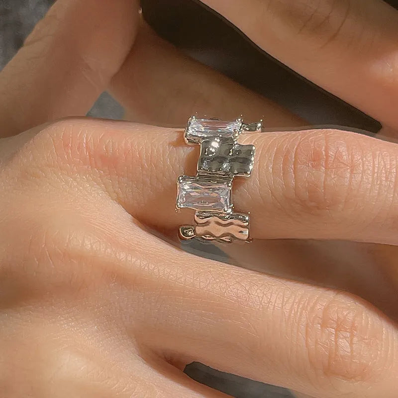 Silver open ring with cross zircon geometric design and three-dimensional decoration