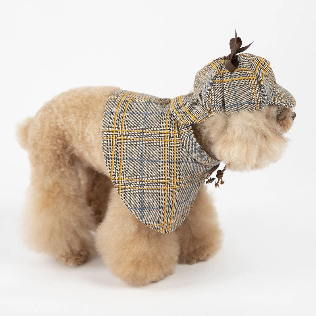 Camel coloured cotton pet cloak with adjustable hat shown in multiple sizes for dogs and cats