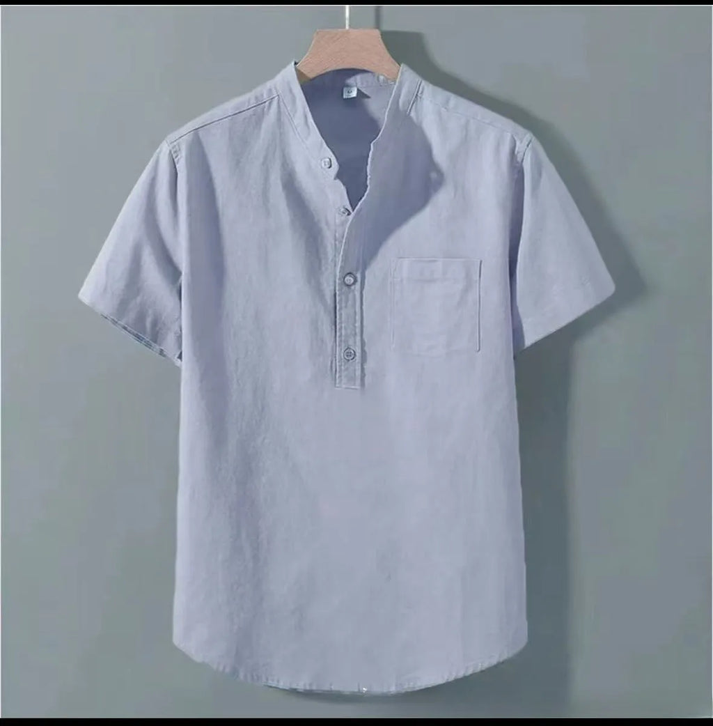 Men's beige slub linen casual shirt with stand collar and short sleeves, loose fit.
