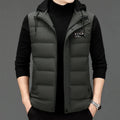 Men's high-waist down jacket vest in black acrylic fabric, front view showing waistcoat design.